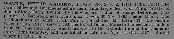 Watts P A Pte 285192 1st Oxfordshire & Buckinghamshire Light Infantry Obit De Ruvignys Roll Of Honour Vol 4