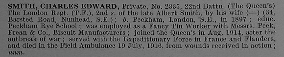 Smith C E Pte 2335 22nd London Regiment (The Queens) Obit De Ruvignys Roll Of Honour Vol 4