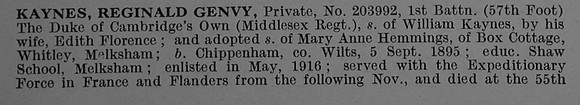 Kaynes R G Pte 203992 1st Middlesex Regiment Obit Part 1 De Ruvignys Roll Of Honour Vol 4
