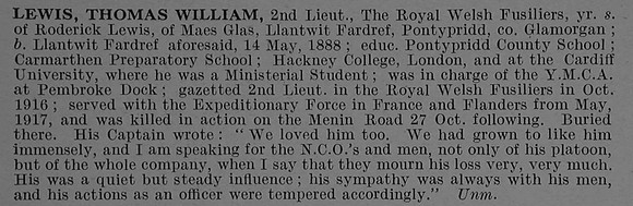 Lewis T W 2nd Lt 1st Royal Welsh Fusiliers Obit De Ruvignys Roll Of Honour Vol 4