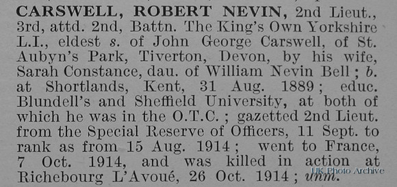 Carswell R N 2nd Lt 3rd Attd 2nd Kings Own Yorkshire Light Infantry Obituary De Ruvignys Roll Of Honour Vol 1