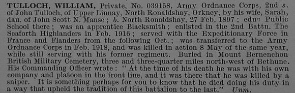Tulloch W Pte 039158 Army Ordnance Corps Obit De Ruvignys Roll Of Honour Vol 4