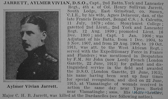 Jarrett A V Captain 2nd York & Lancs Regt Obit De Ruvignys Roll Of Honour Vol 1
