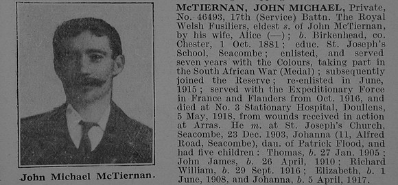 McTiernan J M Pte 46493 17th Royal Welsh Fusiliers Obit De Ruvignys Roll Of Honour Vol 5