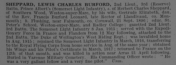 Sheppard L C B 2nd Lt 3rd Somerset Light Infantry Attd Royal Flying Corps Obit De Ruvignys Roll Of Honour Vol 4