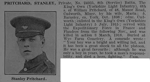Pritchard S Pte 24935 8th Kings Own Yorkshire Light Infantry Obit De Ruvignys Roll Of Honour Vol 4