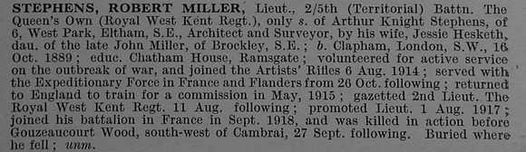Stephens R M Lt 5th Queen's Own (Royal West Kent Regiment) Obit De Ruvignys Roll Of Honour Vol 4