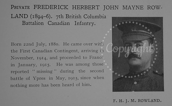 Rowland F H J M Pte 16689 7th Canadian Infantry (British Columbia Regiment) Obit Dulwich College Roll Of Honour