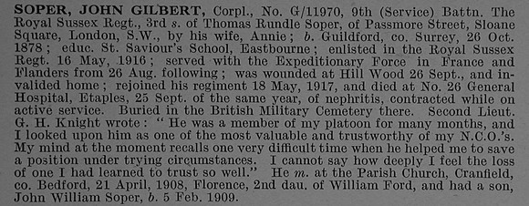 Soper J G Cpl G/11970 9th Royal Sussex Regiment Obit De Ruvignys Roll Of Honour Vol 4