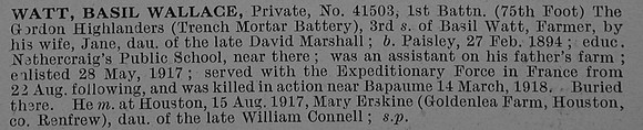 Watt B W Pte 41503 1st Gordon Highlanders Obit De Ruvignys Roll Of Honour Vol 4