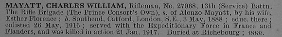 Mayatt C W Rfn 27068 13th Rifle Brigade Short Obit De Ruvignys Roll Of Honour Vol 4