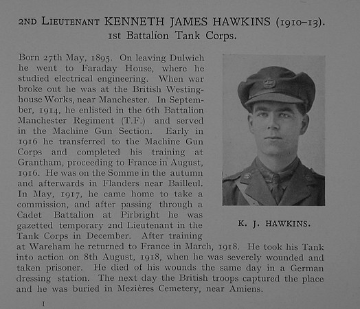 Hawkins K J 2nd Lt Tank Corps Obit Dulwich College Roll Of Honour