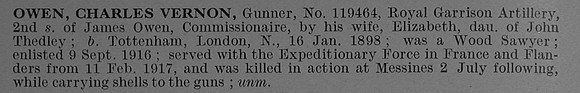 Owen C V Gnr 119464 Royal Garrison Artillery Short Obit De Ruvignys Roll Of Honour Vol 4