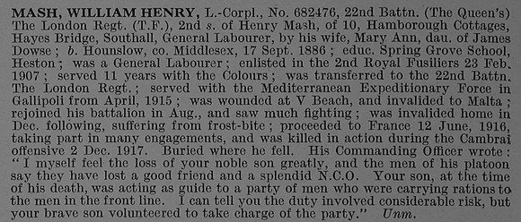 Mash W H L/Cpl 682476 22nd London Regiment Obit De Ruvignys Roll Of Honour Vol 4