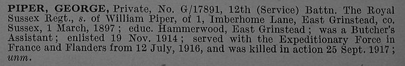Piper G Pte G/17891 12th Royal Sussex Regiment Short Obit De Ruvignys Roll Of Honour Vol 4