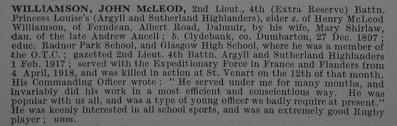 Williamson J M 2nd Lt 4th 4th Argyll and Sutherland Highlanders Obit De Ruvignys Roll Of Honour Vol 4