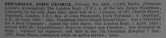 Shearman J G Pte 4801 13th London Regiment Obit De Ruvignys Roll Of Honour Vol 4