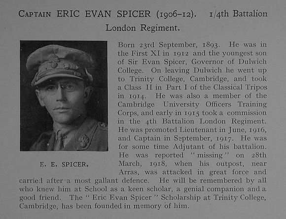 Spicer E E Captain 4th London Regiment (Royal Fusiliers) Obit Dulwich College Roll Of Honour