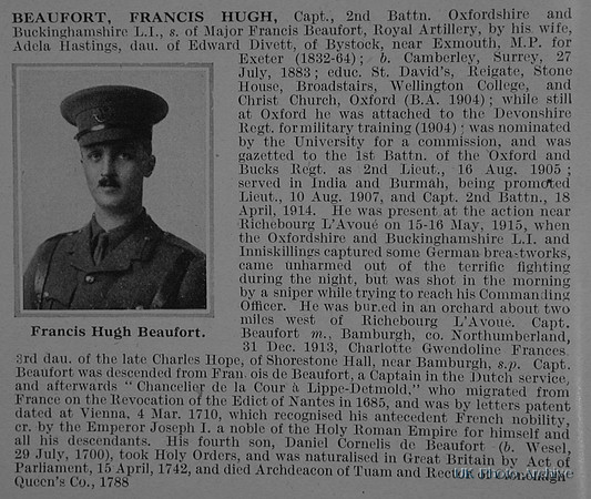 Beaufort F H Captain 2nd Oxfordshire & Buckinghamshire Light Infantry Obituary De Ruvignys Roll Of Honour Vol 1