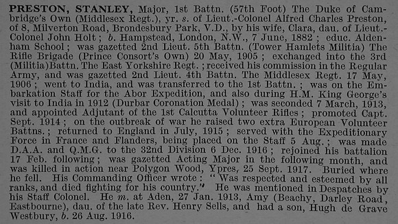 Preston S Major 1st Middlesex Regiment Obit De Ruvignys Roll Of Honour Vol 4