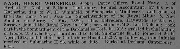 Nash H W Stoker K/4511 H.M. Submarine H.26 Royal Navy Obit De Ruvignys Roll Of Honour Vol 4