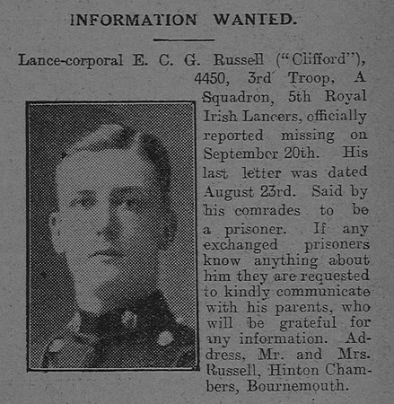 Russell E C G L/Cpl 4450 5th (Royal Irish) Lancers The Graphic 13th July 1915