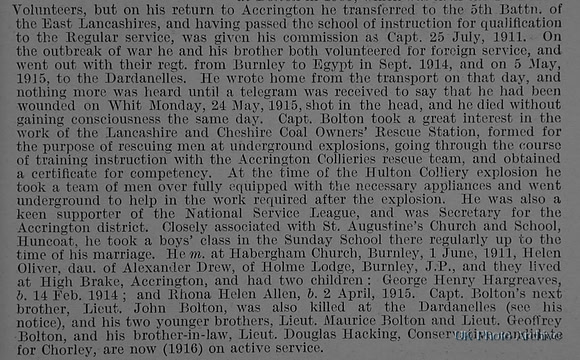 Bolton H H Captain 5th East Lancashire Regiment Obituary Part 2 De Ruvignys Roll Of Honour Vol 1