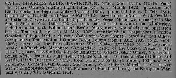 Yate C A L Major VC 2nd Kings Own Yorkshire Light Infantry Obit De Ruvignys Roll Of Honour Vol 4