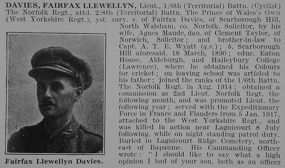 Davies F L Lt 6th Norfolk Regiment Obit Part 1 De Ruvignys Roll Of Honour Vol 3
