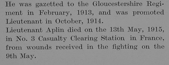 Aplin E D Lt 2nd Gloucestershire Regiment Obit Part 2 The Bond Of Sacrifice Vol 2