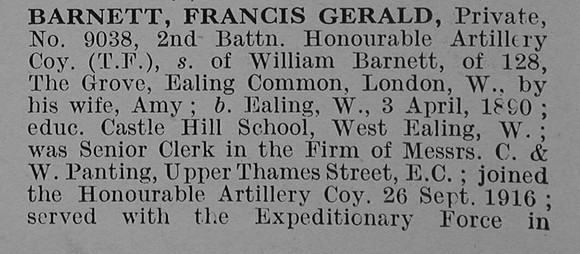 Barnett F G Pte 9038 2nd Honourable Artillery Company Obit Part 1 De Ruvignys Roll Of Honour Vol 4