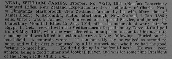 Neal W J Tpr 7/246 10th Canterbury Mounted Rifles Obit De Ruvignys Roll Of Honour Vol 4