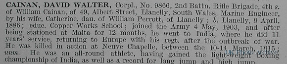 Cainan D W Cpl 9866 2nd Rifle Brigade Obituary De Ruvignys Roll Of Honour Vol 1