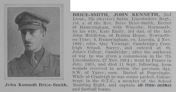Brice-Smith J K 2nd Lt 7th Lincolnshire Regiment Obit