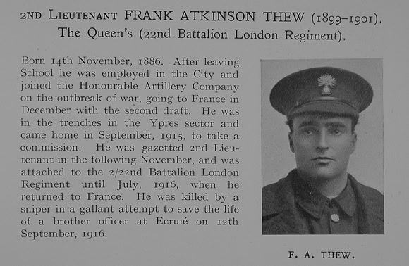 Thew F A 2nd Lt 22nd London Regiment Obit Dulwich College Roll Of Honour
