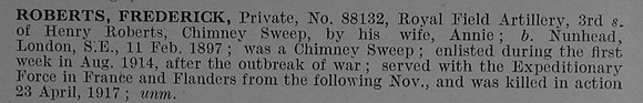 Roberts F Pte 88132 Royal Field Artillery Short Obit De Ruvignys Roll Of Honour Vol 4