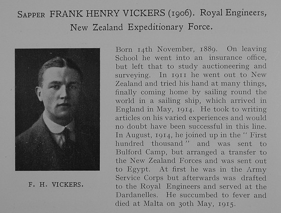 Vickers F H Sapper Royal Engineers NZEF Obit Dulwich College Roll Of Honour
