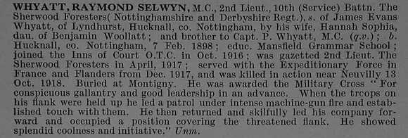 Whyatt R S 2nd Lt MC 10th Notts & Derby Regiment Obit De Ruvignys Roll Of Honour Vol 4