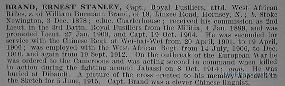 Brand E S Captain Royal Fusiliers Obituary De Ruvignys Roll Of Honour Vol 1