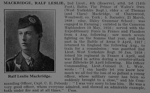 Mackridge R L 2nd Lt 4th Attd 1st West Yorkshire Regiment Obit De Ruvignys Roll Of Honour Vol 5