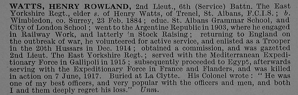 Watts H R 2nd Lt 6th East Yorkshire Regiment Obit De Ruvignys Roll Of Honour Vol 4