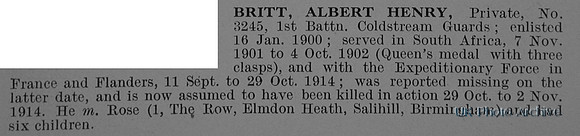 Britt A H Pte 3245 1st Coldstream Guards Obit De Ruvignys Roll Of Honour Vol 1