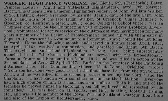 Walker H P W 2nd Lt 5th Argyll & Sutherland Highlanders Obit De Ruvignys Roll Of Honour Vol 4