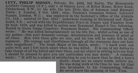 Levy P S Pte 4962 3rd Attd 2nd Honourable Artillery Company Obit De Ruvignys Roll Of Honour Vol 4