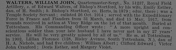 Walters W J Qtr Mst Sergt 51237 Royal Field Artillery Obit De Ruvignys Roll Of Honour Honour Vol 4