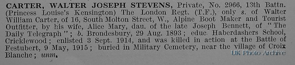 Carter W J S Pte 2966 13th London Regiment (Kensington) Obituary De Ruvignys Roll Of Honour Vol 1