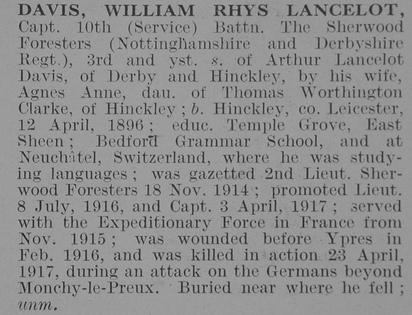 Davis W R L Captain 10th Notts And Derby Regiment Obit De Ruvignys Roll Of Honour Vol 3