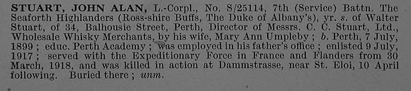 Stuart J A LCpl S/25114 7th Seaforth Highlanders Obit De Ruvignys Roll Of Honour Vol 4