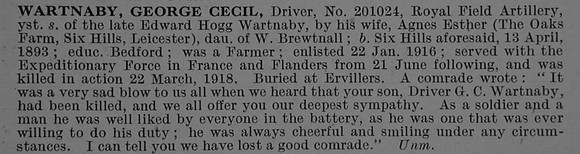 Wartnaby G C Dvr 201024 Royal Field Artillery Obit De Ruvignys Roll Of Honour Vol 4