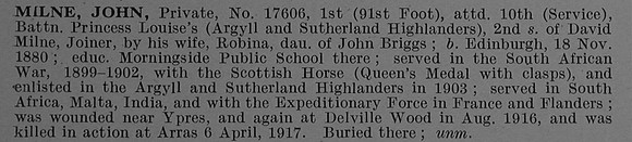Milne J Pte 17606 1st Attd 10th Argyll & Sutherland Highlanders Obit De Ruvignys Roll Of Honour Vol 4